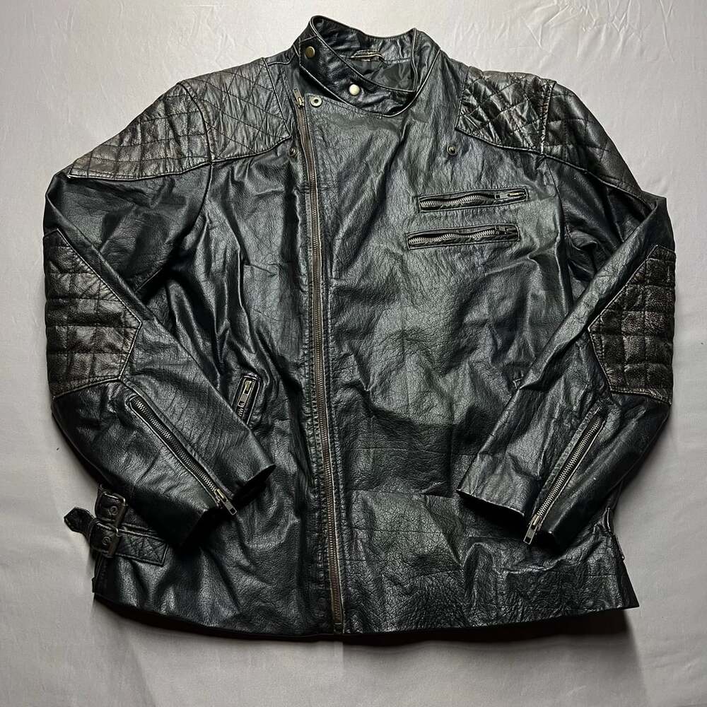 Maxdud Distressed Black Leather Motorcycle Jacket Skull and Crossbones